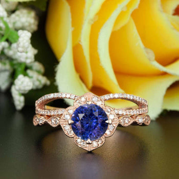 Vintage 2 Carat Round Cut Sapphire and Diamond Wedding Ring Set in Rose Gold