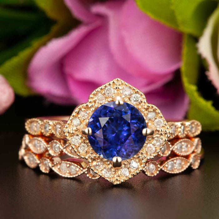 Vintage 2 Carat Round Cut Sapphire and Diamond Trio Wedding Ring Set in Rose Gold
