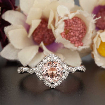 Handmade 1.25 Carat Round Cut Peach Morganite and Diamond Engagement Ring in White Gold Vintage Ring