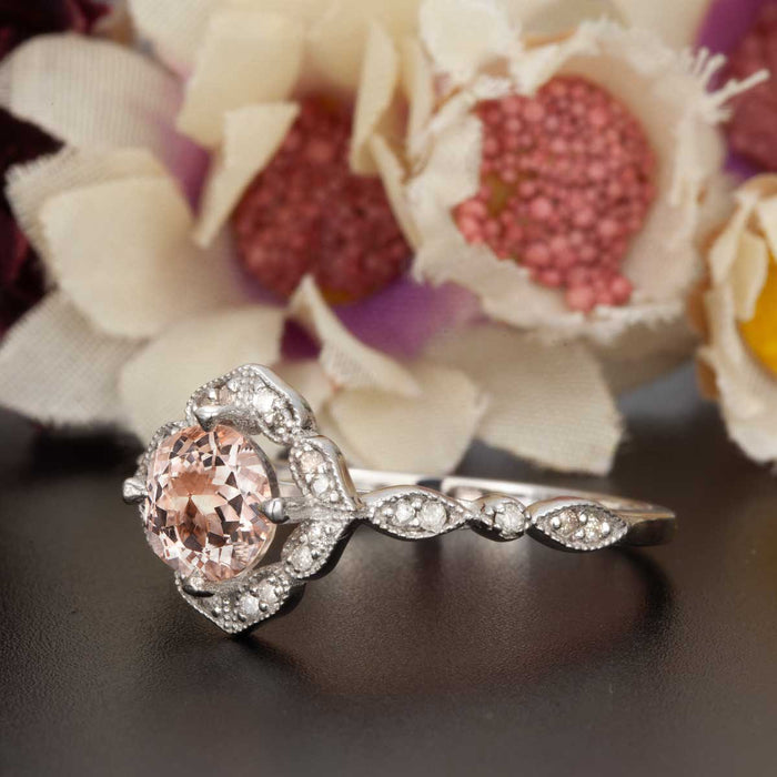 Handmade 1.25 Carat Round Cut Peach Morganite and Diamond Engagement Ring in White Gold Vintage Ring