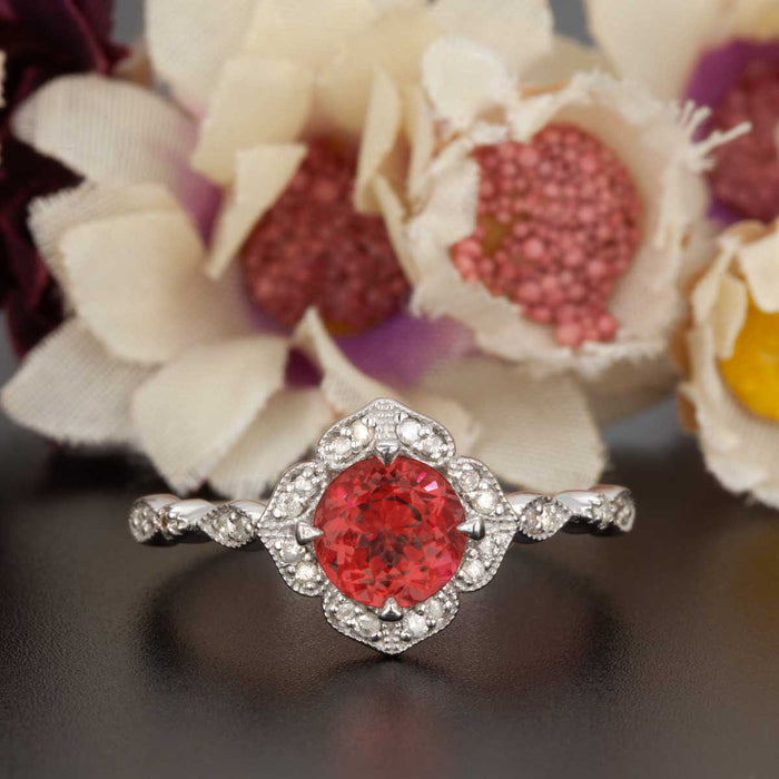 Vintage 1.25 Carat Round Cut Ruby and Diamond Engagement Ring in 9k White Gold