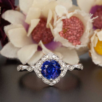 Vintage 1.50 Carat Round Cut Sapphire and Diamond Engagement Ring in White Gold