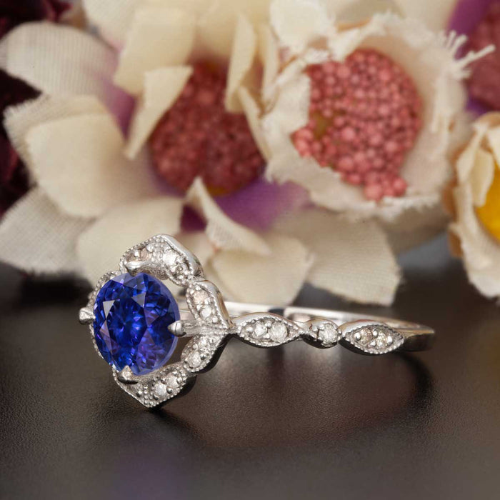 Vintage 1.50 Carat Round Cut Sapphire and Diamond Engagement Ring in White Gold