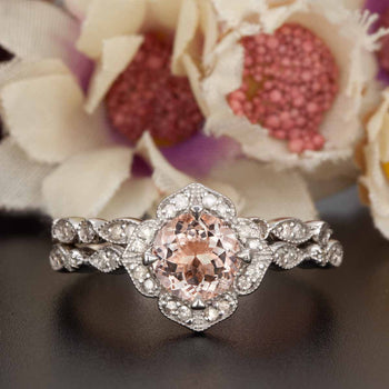 Handmade 1.50 Carat Round Cut Peach Morganite and Diamond Wedding Ring Set in White Gold for Women