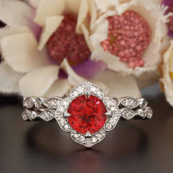 Vintage 1.5 Carat Round Cut Ruby and Diamond Wedding Ring  Set in 9k White Gold