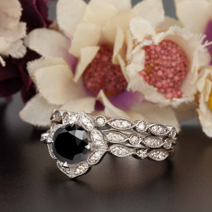 Vintage 2 Carat Round Cut Black Diamond and Diamond Trio Wedding Ring Set in White Gold