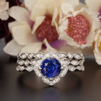 Vintage 2 Carat Round Cut Sapphire and Diamond Trio Wedding Ring Set in White Gold