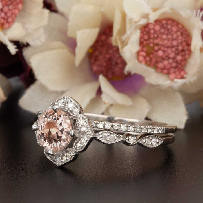 Art Deco 1.5 Carat Round Cut Peach Morganite and Diamond Bridal Ring Set in 9k White Gold for Women