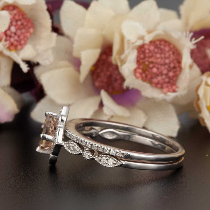 Art Deco 1.5 Carat Round Cut Peach Morganite and Diamond Bridal Ring Set in 9k White Gold for Women