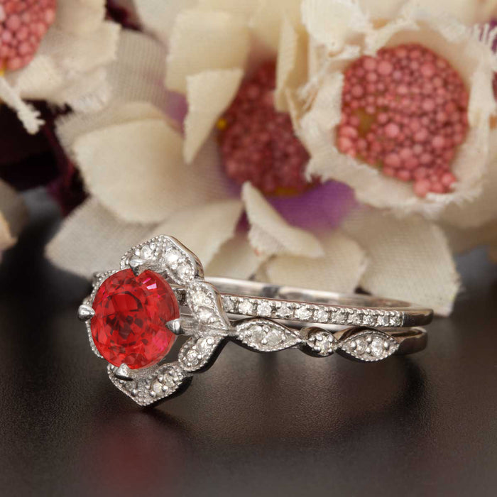 Vintage 1.5 Carat Round Cut Ruby and Diamond Engagement Ring with Classic Wedding Band in 9k White Gold