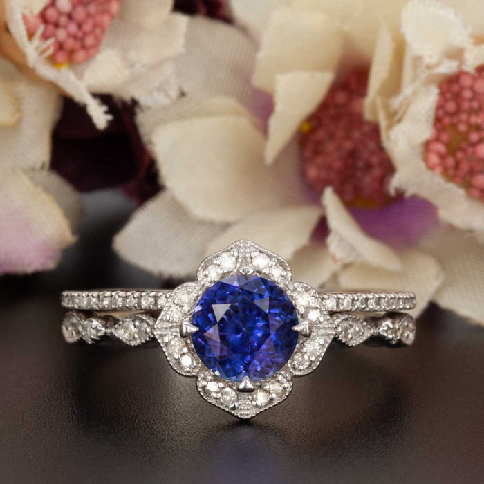 Vintage 1.50 Carat Round Cut Sapphire and Diamond Bridal Ring Set in White Gold