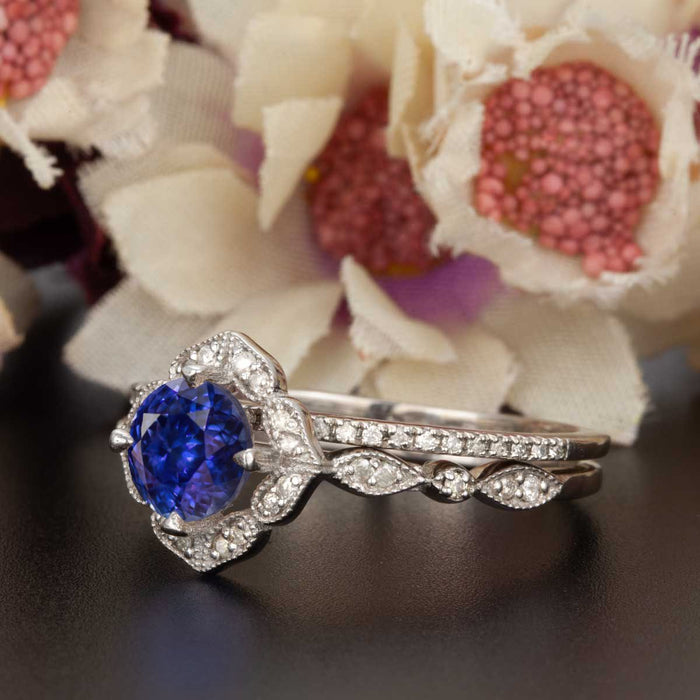 Vintage 1.50 Carat Round Cut Sapphire and Diamond Bridal Ring Set in White Gold