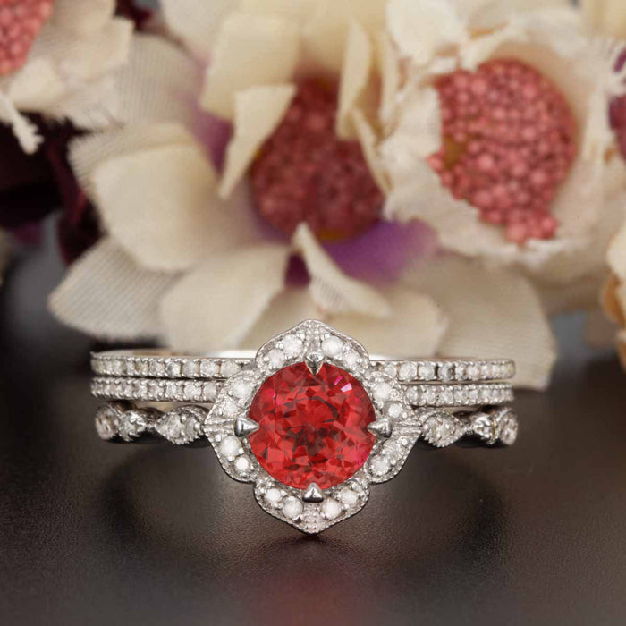 Vintage 2 Carat Round Cut Ruby and Diamond Engagement Ring with 2 Classic Wedding Bands in 9k White Gold