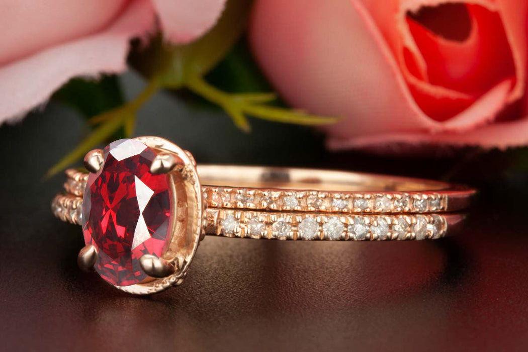Elegant 1.5 Carat Oval Cut Ruby and Diamond Wedding Ring Set in 9k Rose Gold