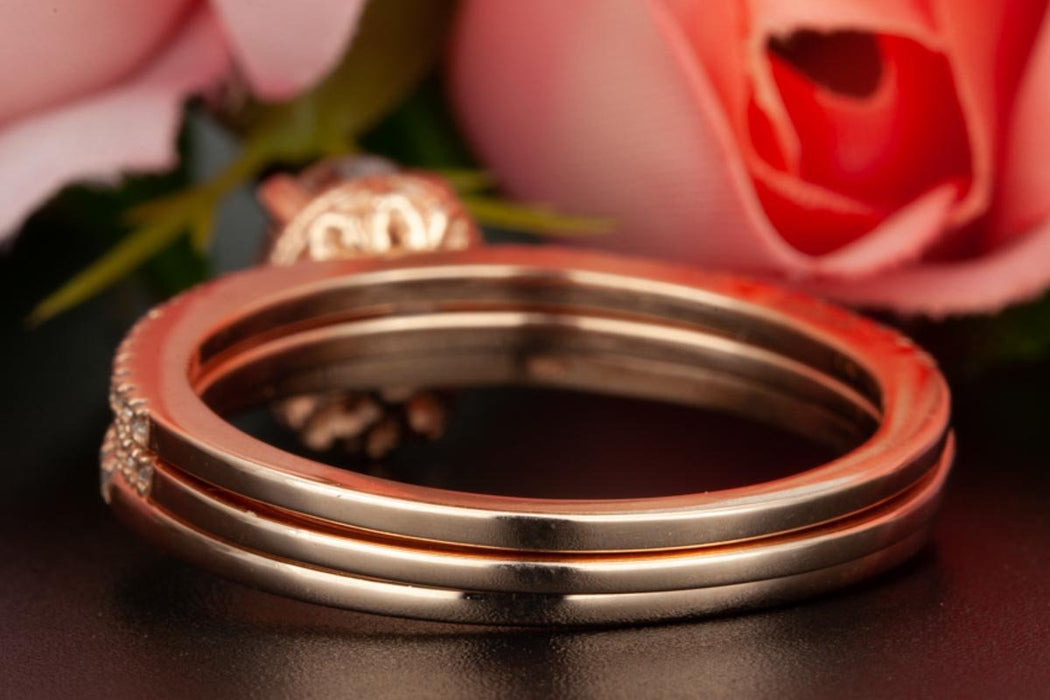 Elegant 2 Carat Oval Cut Sapphire and Diamond Trio Wedding Ring Set in Rose Gold