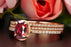 Elegant 2 Carat Oval Cut Ruby and Diamond Trio Wedding Ring Set in 9k Rose Gold