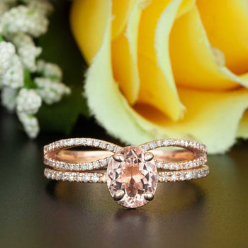 Handmade 2 Carat Oval Cut Peach Morganite and Diamond Wedding Ring Set in Rose Gold Unique Ring