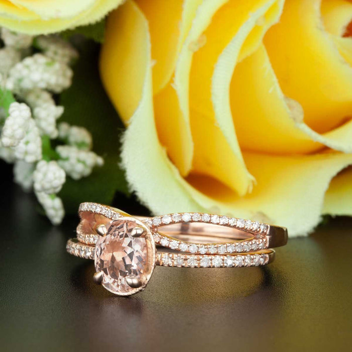 Handmade 2 Carat Oval Cut Peach Morganite and Diamond Wedding Ring Set in Rose Gold Unique Ring