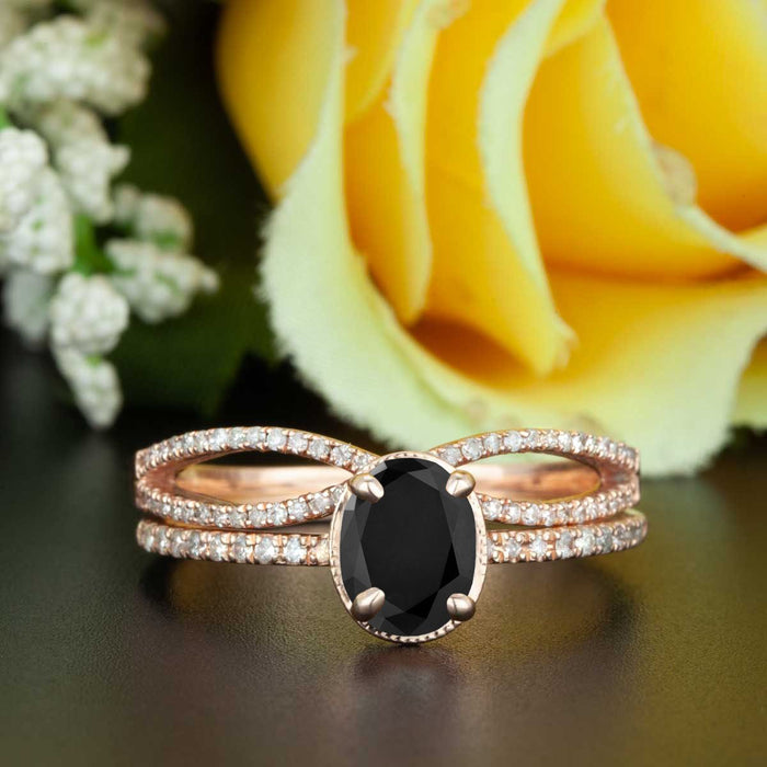Elegant 2 Carat Oval Cut Black Diamond and Diamond Wedding Ring Set in Rose Gold