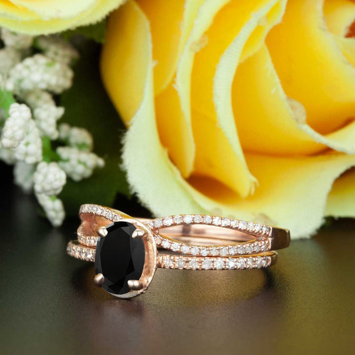 Elegant 2 Carat Oval Cut Black Diamond and Diamond Wedding Ring Set in Rose Gold