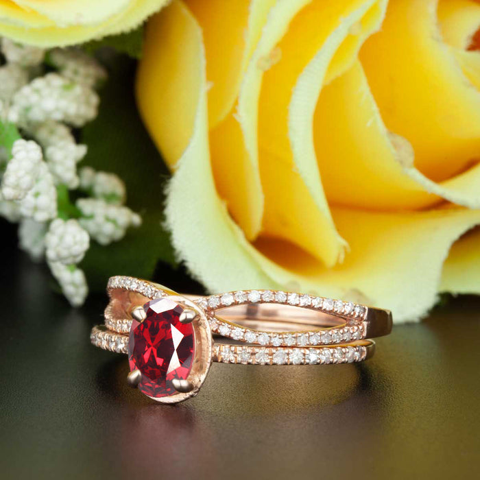 Elegant 2 Carat Oval Cut Ruby and Diamond Wedding Ring Set in 9k Rose Gold