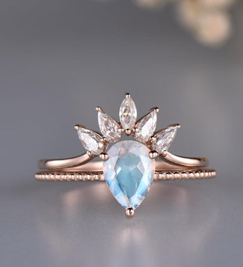 Unique 1.25 Carat Pear Shape Blue Moonstone and Diamond Wedding Set with Crown Band in Rose Gold