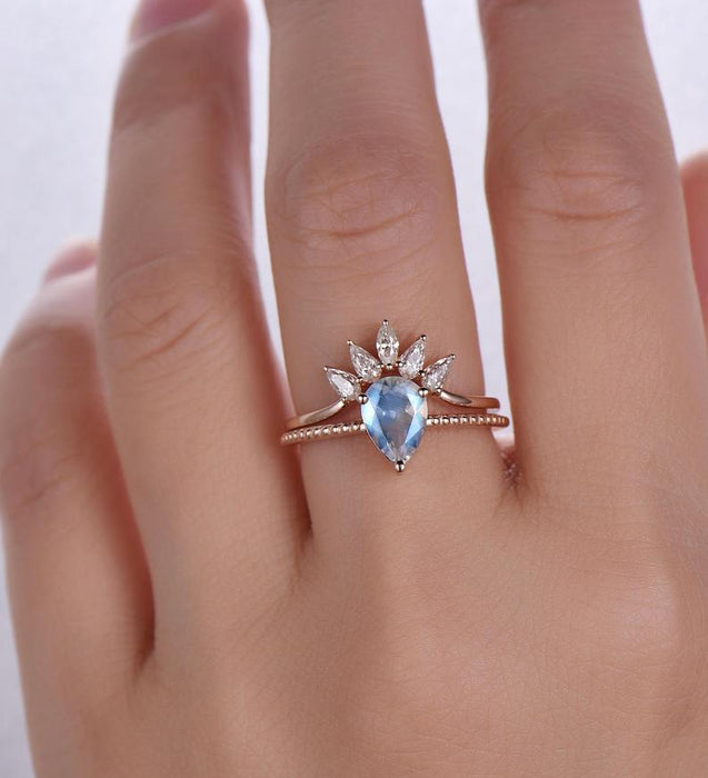 Unique 1.25 Carat Pear Shape Blue Moonstone and Diamond Wedding Set with Crown Band in Rose Gold