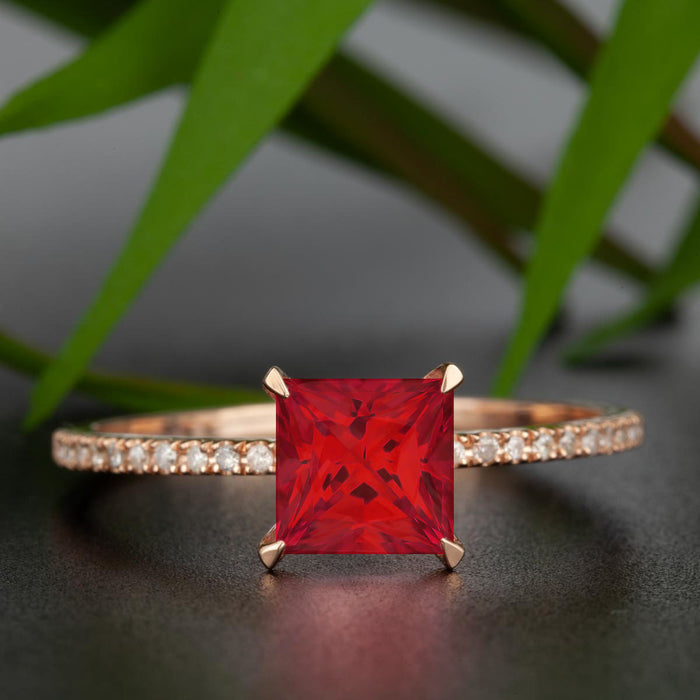 Flawless 1.25 Carat Princess Cut Ruby and Diamond Engagement Ring in 9k Rose Gold