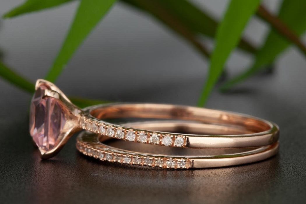 Affordable 1.50 Carat Princess Cut Peach Morganite and Diamond Wedding Ring Set in Rose Gold for Women
