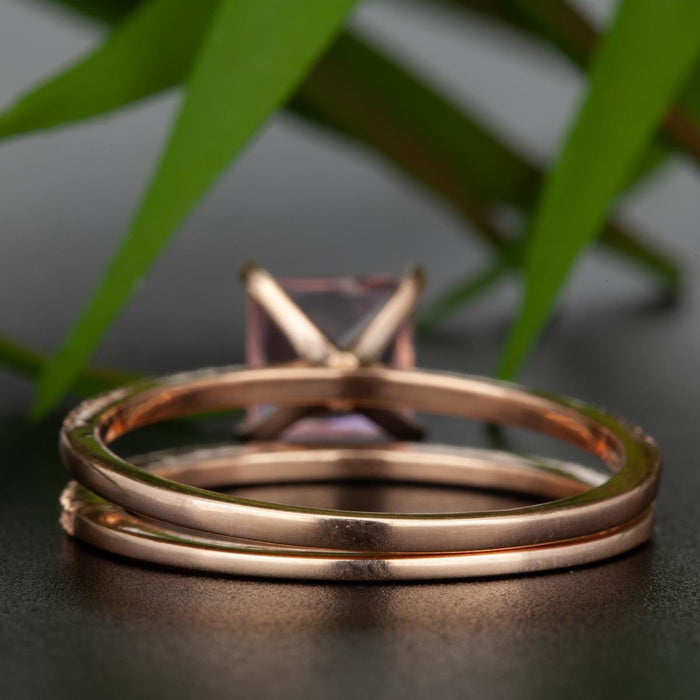 Flawless 1.50 Carat Princess Cut Black Diamond and Diamond Wedding Ring Set in Rose Gold