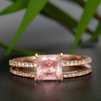 Affordable 1.50 Carat Princess Cut Peach Morganite and Diamond Wedding Ring Set in Rose Gold for Women