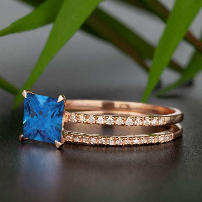 Flawless 1.50 Carat Princess Cut Sapphire and Diamond Wedding Ring Set in Rose Gold