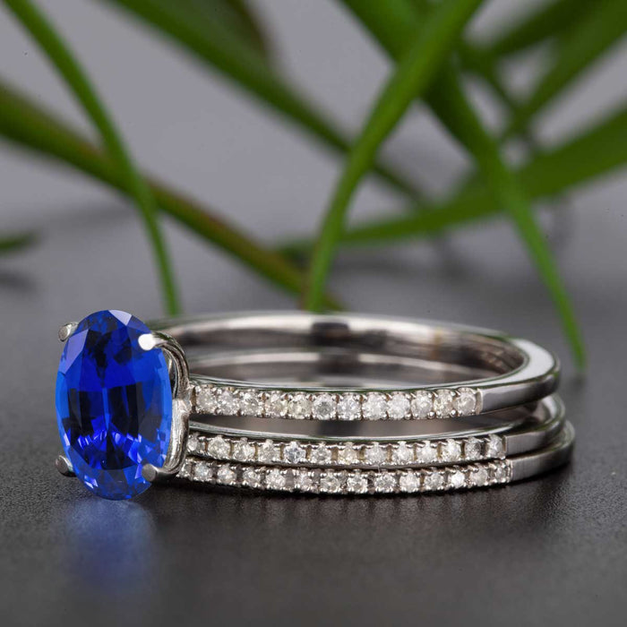 Flawless 2 Carat Oval Cut Sapphire and Diamond Engagement Ring Trio Wedding Ring Sets in White Gold