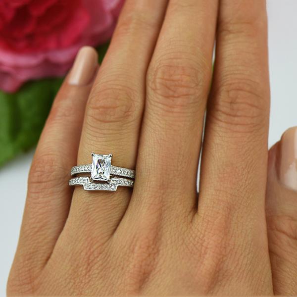 Radiant 1.5 Carat Emerald Cut Contour Wedding Ring Set in White Gold over Sterling Silver