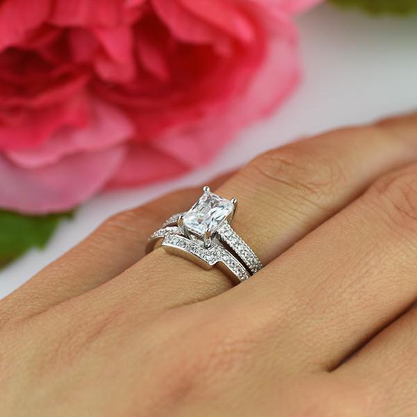 Radiant 1.5 Carat Emerald Cut Contour Wedding Ring Set in White Gold over Sterling Silver