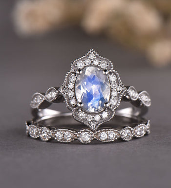 Antique Milgrain 2 Carat Oval Cut Blue Moonstone and Diamond Art Deco Bridal Set in White Gold