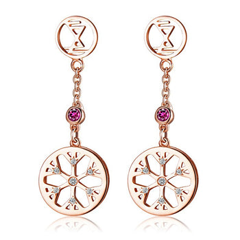Snowflake .15 Carat Round Cut Pink Sapphire and Diamond Drop Stud Earrings in Rose Gold