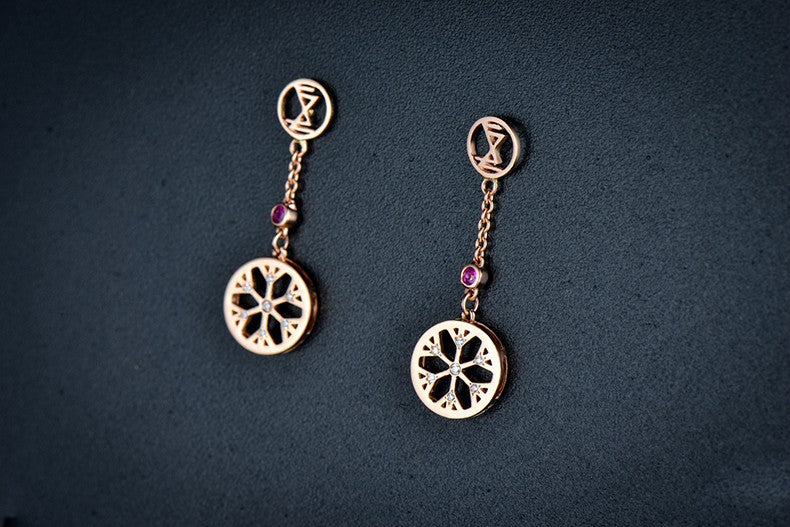 Snowflake .15 Carat Round Cut Pink Sapphire and Diamond Drop Stud Earrings in Rose Gold