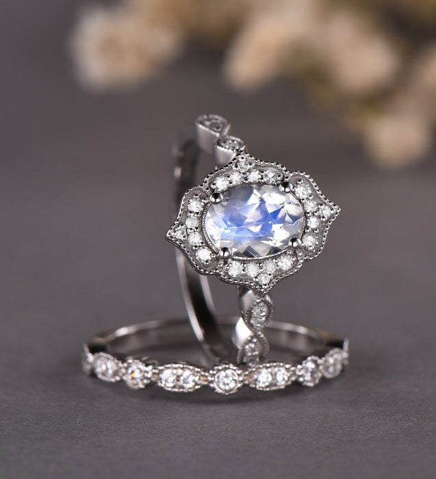 Antique Milgrain 2 Carat Oval Cut Blue Moonstone and Diamond Art Deco Bridal Set in White Gold