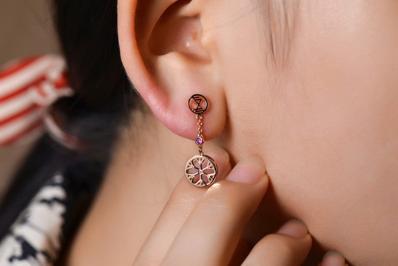 Snowflake .15 Carat Round Cut Pink Sapphire and Diamond Drop Stud Earrings in Rose Gold