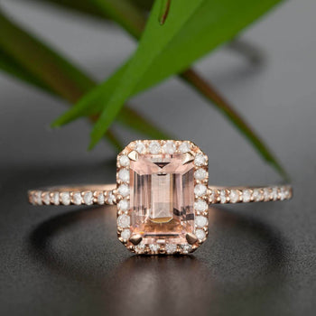 Elegant 1.25 Carat Emerald Cut Peach Morganite and Diamond Engagement Ring in Rose Gold Vintage Ring