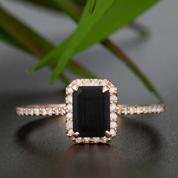 Exquisite 1.25 Carat Emerald Cut Black Diamond and Diamond Engagement Ring in Rose Gold