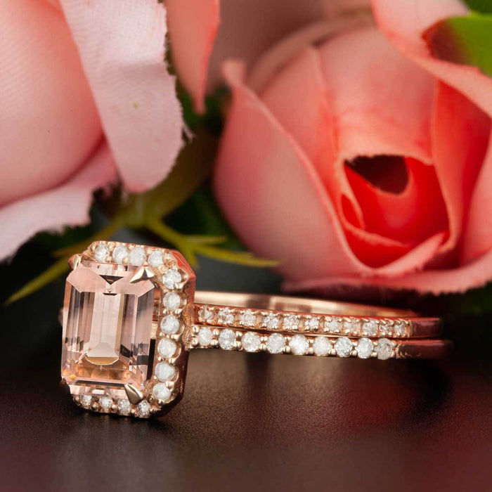 Elegant  1.50 Carat Emerald Cut Peach Morganite and Diamond Bridal Ring Set in Rose Gold Hand Made