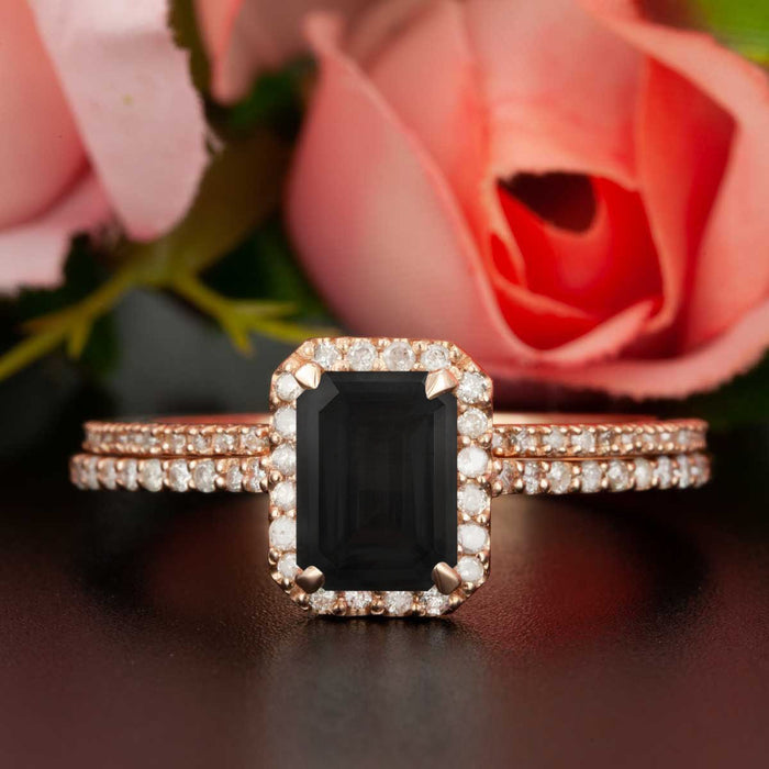 Exquisite 1.50 Carat Emerald Cut Black Diamond and Diamond Wedding Ring Set in Rose Gold