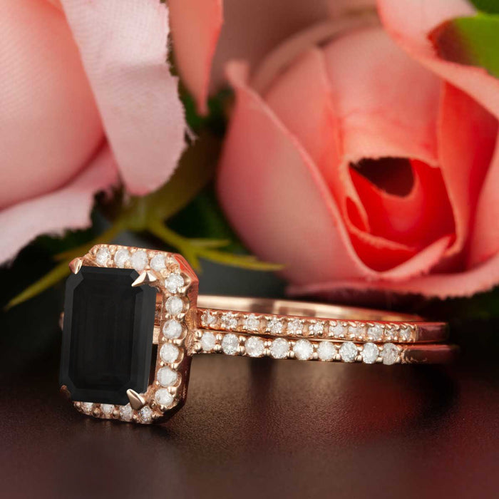 Exquisite 1.50 Carat Emerald Cut Black Diamond and Diamond Wedding Ring Set in Rose Gold