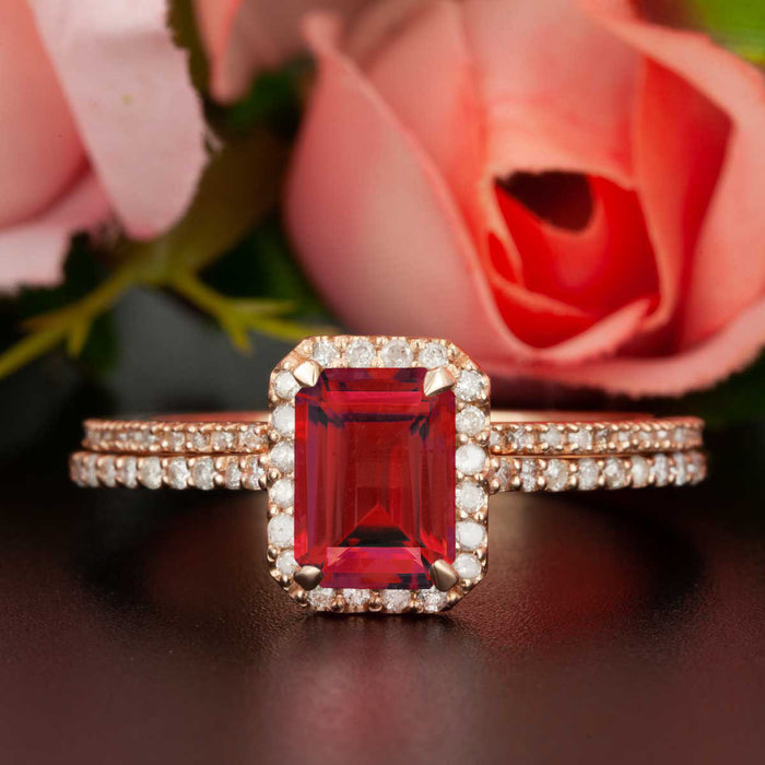 Exquisite 1.5 Carat Emerald Cut Ruby and Diamond Wedding Ring Set in 9k Rose Gold