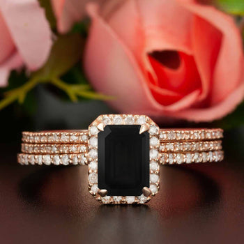 Exquisite 2 Carat Emerald Cut Black Diamond and Diamond Trio Wedding Ring Set in Rose Gold