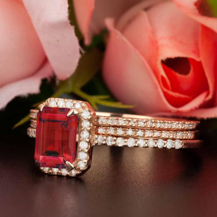 Exquisite 2 Carat Emerald Cut Ruby and Diamond Trio Wedding Ring Set in 9k Rose Gold