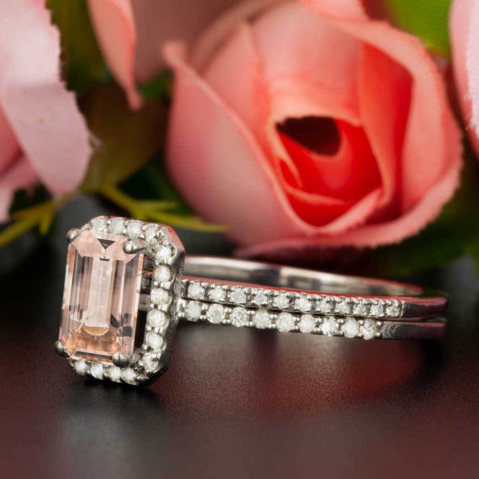 Stunning 1.50 Carat Emerald Cut Peach Morganite and Diamond Wedding Ring Set in White Gold Handmade Ring