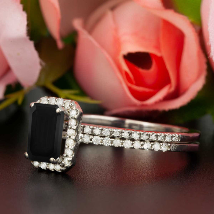 Exquisite 1.50 Carat Emerald Cut Black Diamond and Diamond Wedding Ring Set in White Gold